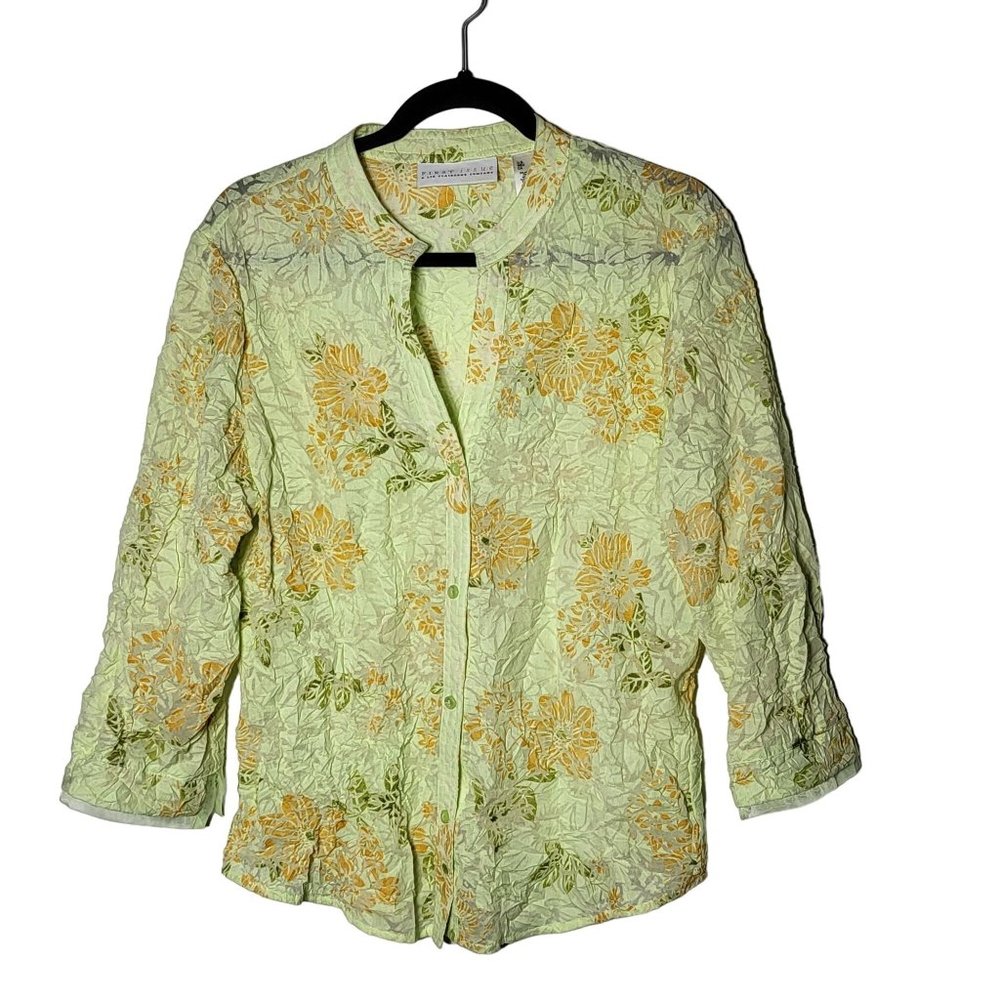 First Issue Women's Lime Green Floral‎ Sheer Button-Down Blouse Size Large Neon